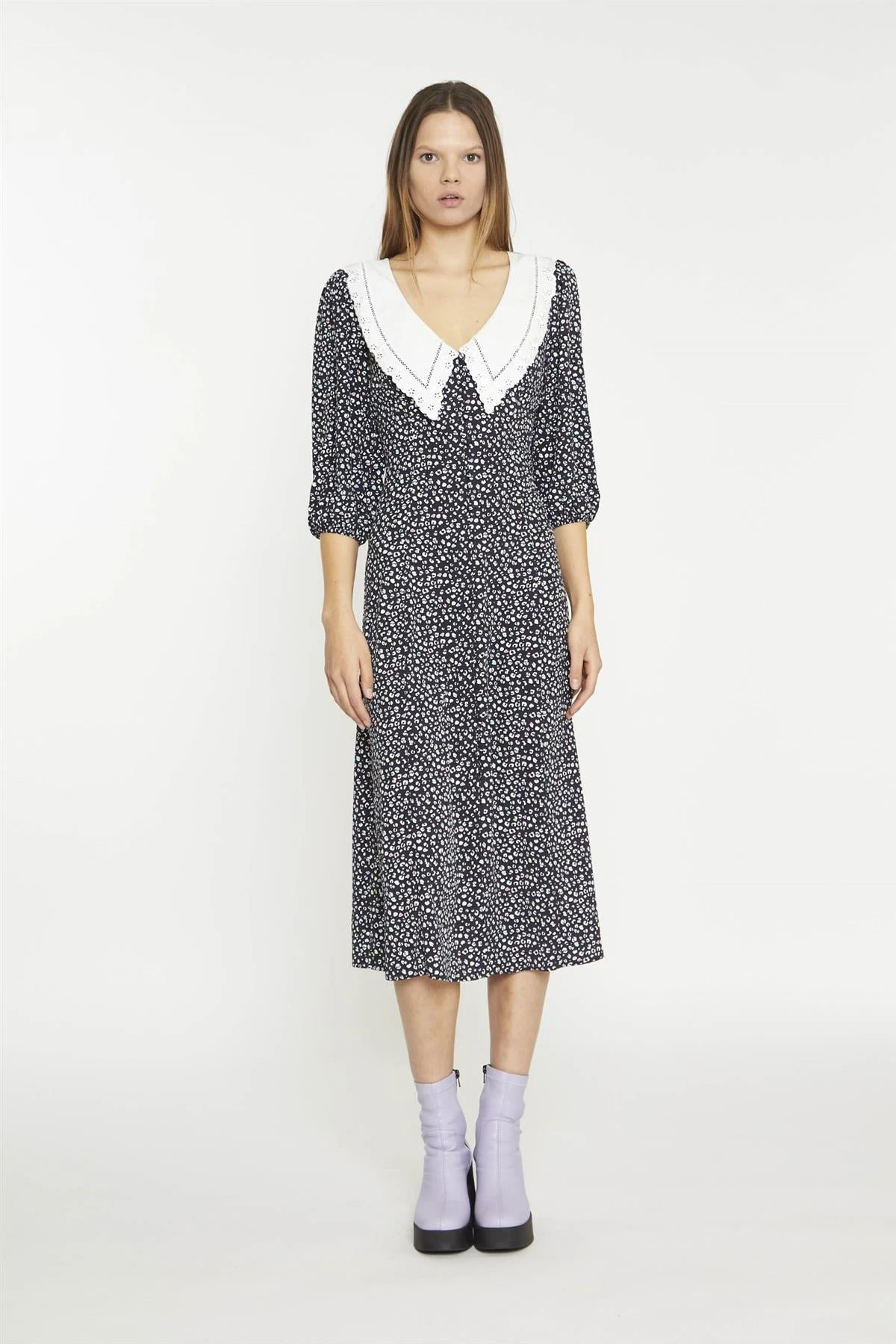 Glamorous Black-Mini-Leopard-White Contrast-Collar Midi-Dress 3 Glamorous Black-Mini-Leopard-White Contrast-Collar Midi-Dress