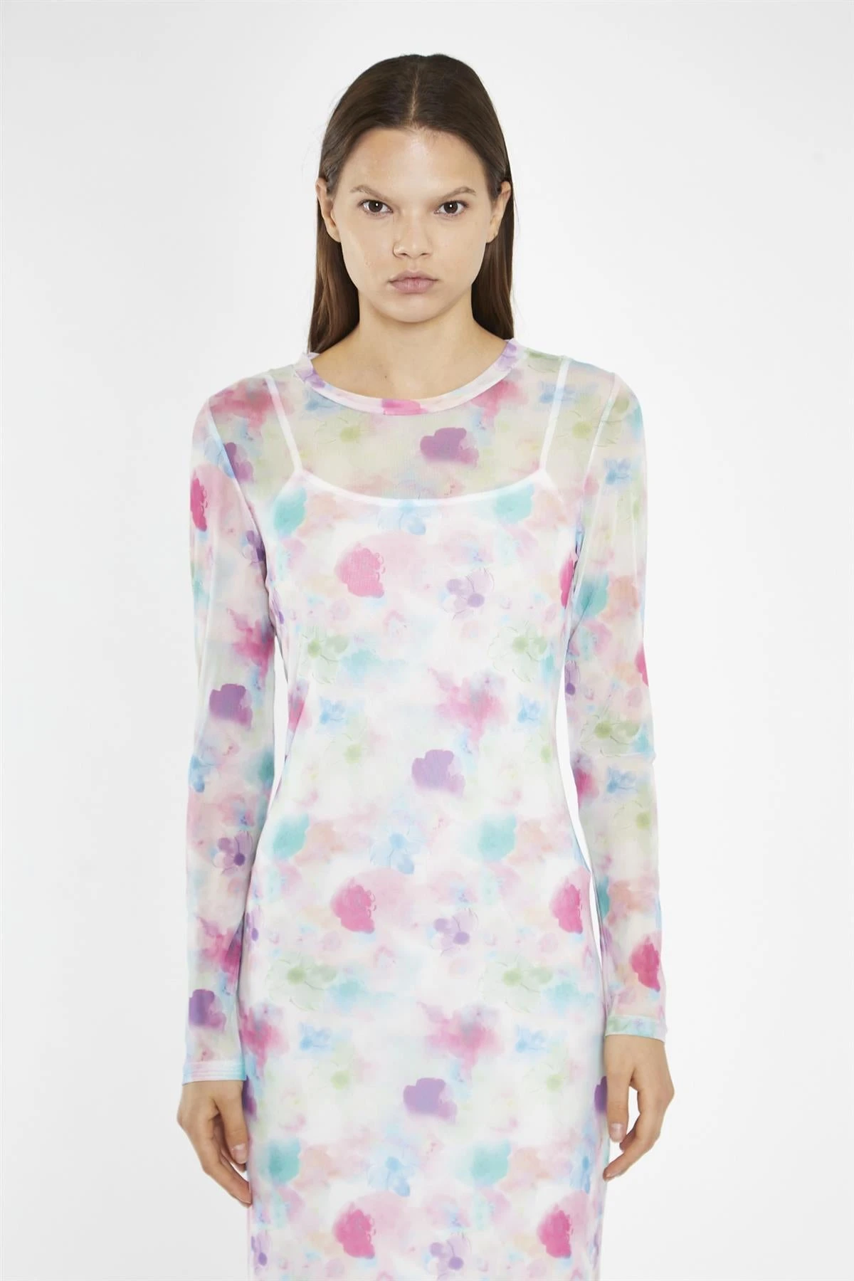 Glamorous Watercolour-Floral Mesh Long Sleeve Midi-Dress 3 Glamorous Watercolour-Floral Mesh Long Sleeve Midi-Dress