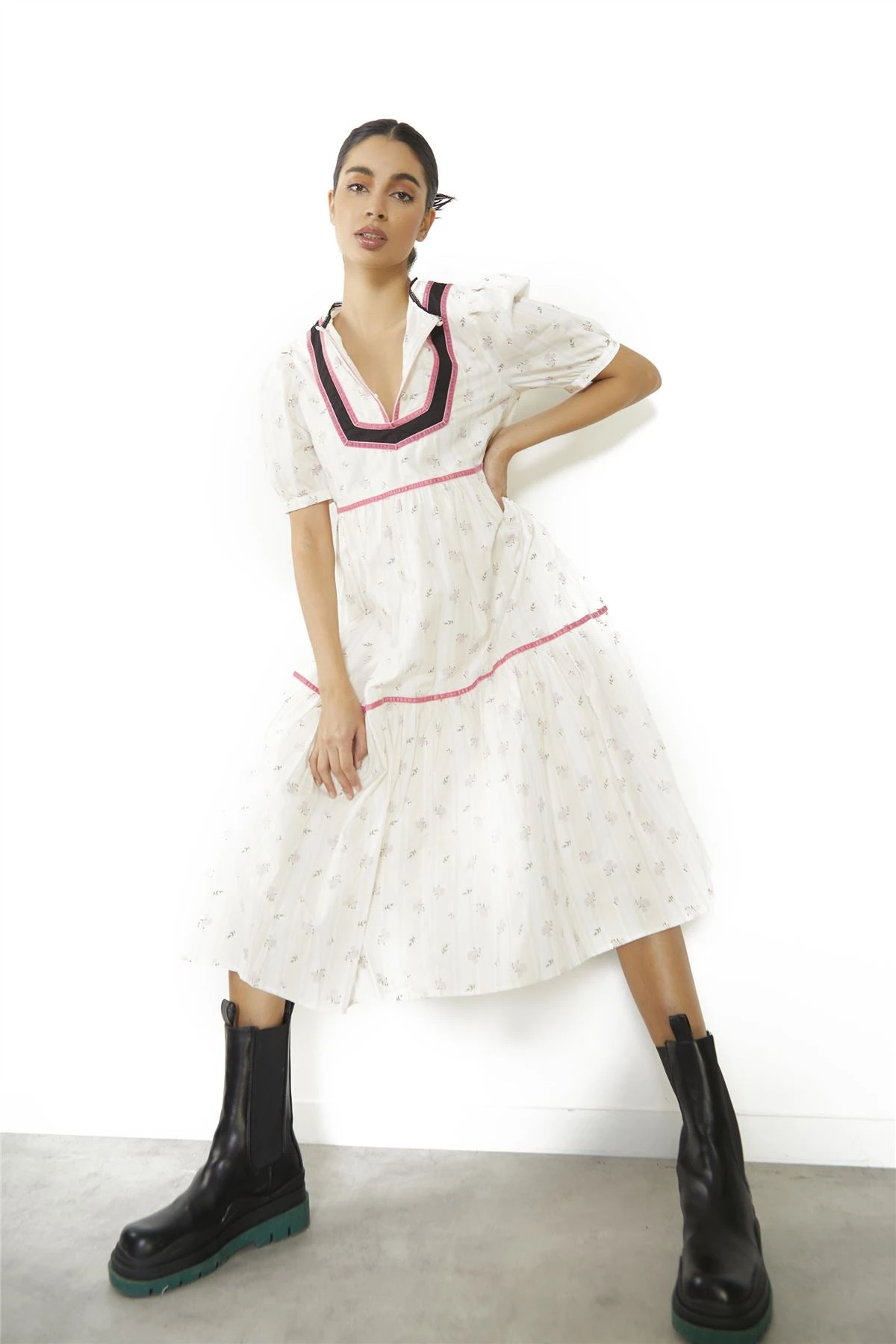 Glamorous Ditsy-Rose Stripe-Black Button-Front Shift Midi-Dress 6 Glamorous Ditsy-Rose Stripe-Black Button-Front Shift Midi-Dress - Image 4