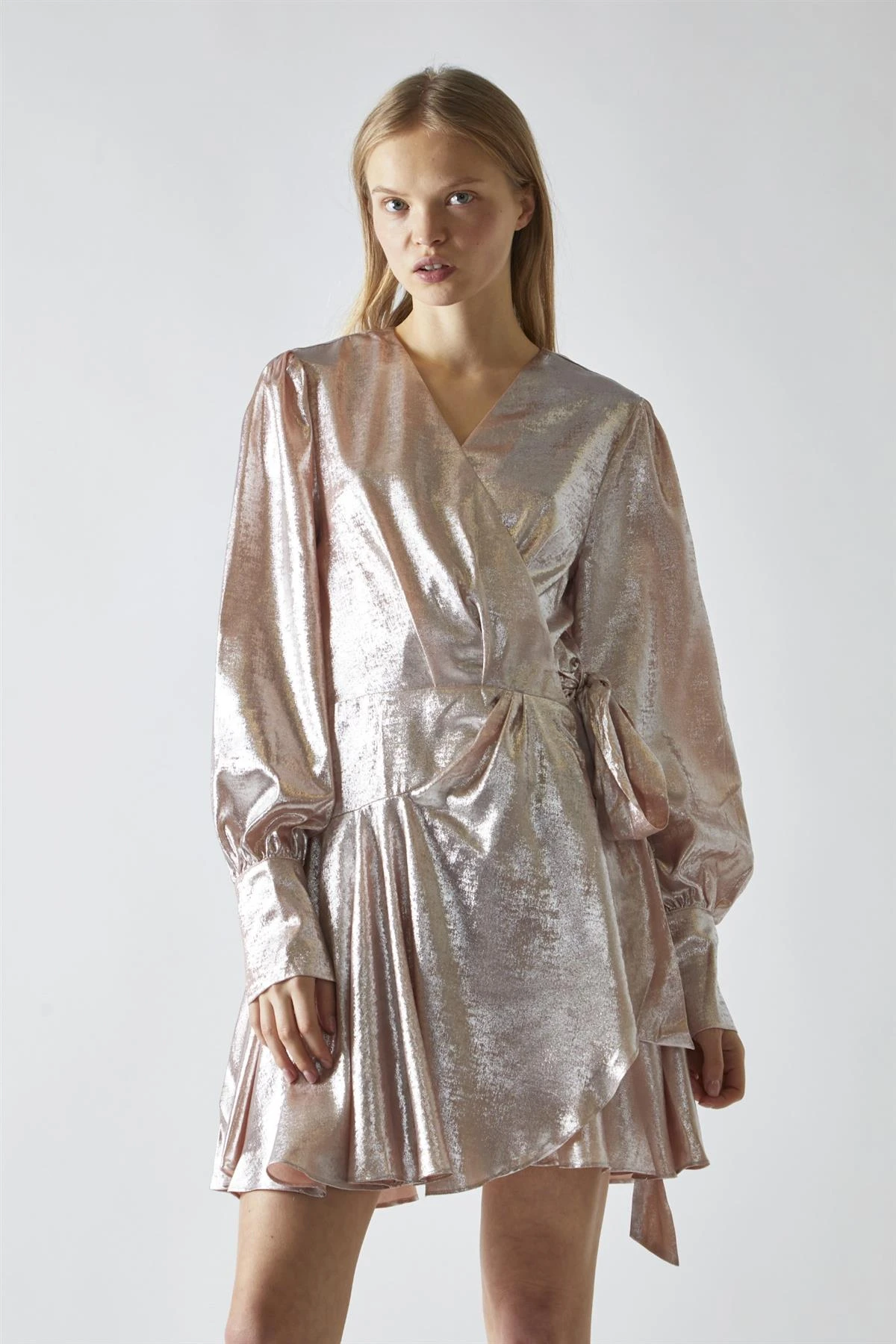 Glamorous Peach-Metallic Wrap Mini-Dress 5 Glamorous Peach-Metallic Wrap Mini-Dress - Image 3