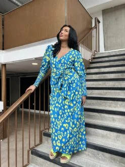 Glamorous Cobalt-Yellow Leopard Wrap Midi-Dress