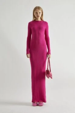 Glamorous Pink High-Neck Rib-Knit Midaxi-dress