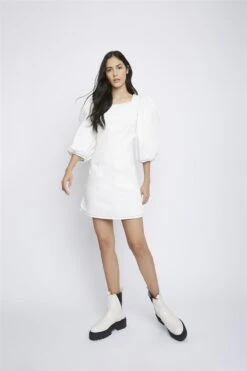 Glamorous Off-White Puff-Sleeve-Contrast-Stitch Mini-Dress