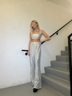 Glamorous Silver-Sequin Wide-Leg Trousers