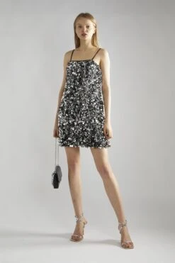 Glamorous Large Pewter-Sequin Strappy Mini-Dress