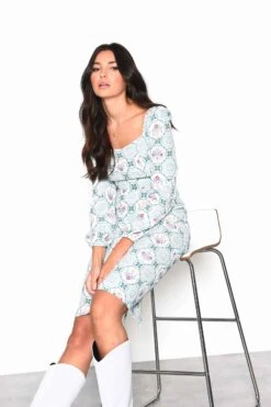 Glamorous Green Floral Gingham Square Neck Midi Dress With Centre Back Split