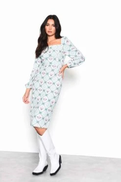 Glamorous Green Floral Gingham Square Neck Midi Dress With Centre Back Split -Glamorous Shop AN3974 CP81 03