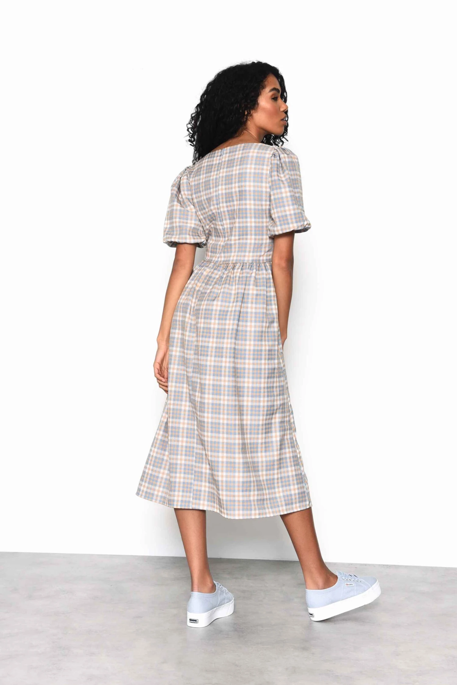 Glamorous Light Blue Multi Check Square Neck Puff Sleeve Midi Dress 4 Glamorous Light Blue Multi Check Square Neck Puff Sleeve Midi Dress - Image 2