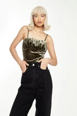 Glamorous Dark Olive Velvet Ruched Cami Top -Glamorous Shop AN4389 DC89 03