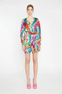 Glamorous Multi-Abstract Scribble Wrap Mini-Dress