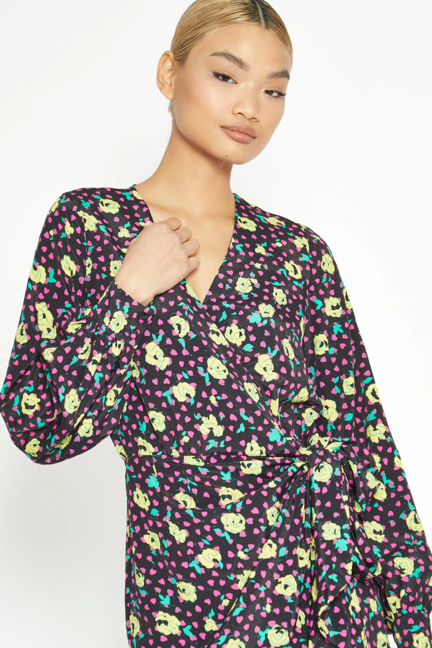 Glamorous Black Multi Rose Mini Wrap Dress 4 Glamorous Black Multi Rose Mini Wrap Dress - Image 2