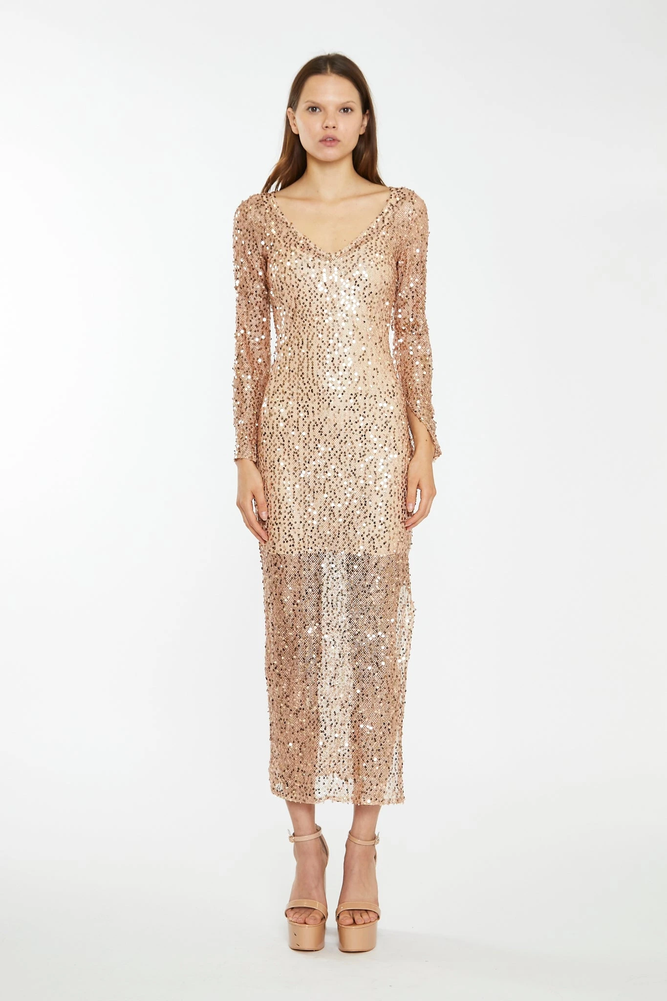 Glamorous Rose-Gold Sequin Mesh V-Neck Maxi-Dress 3 Glamorous Rose-Gold Sequin Mesh V-Neck Maxi-Dress