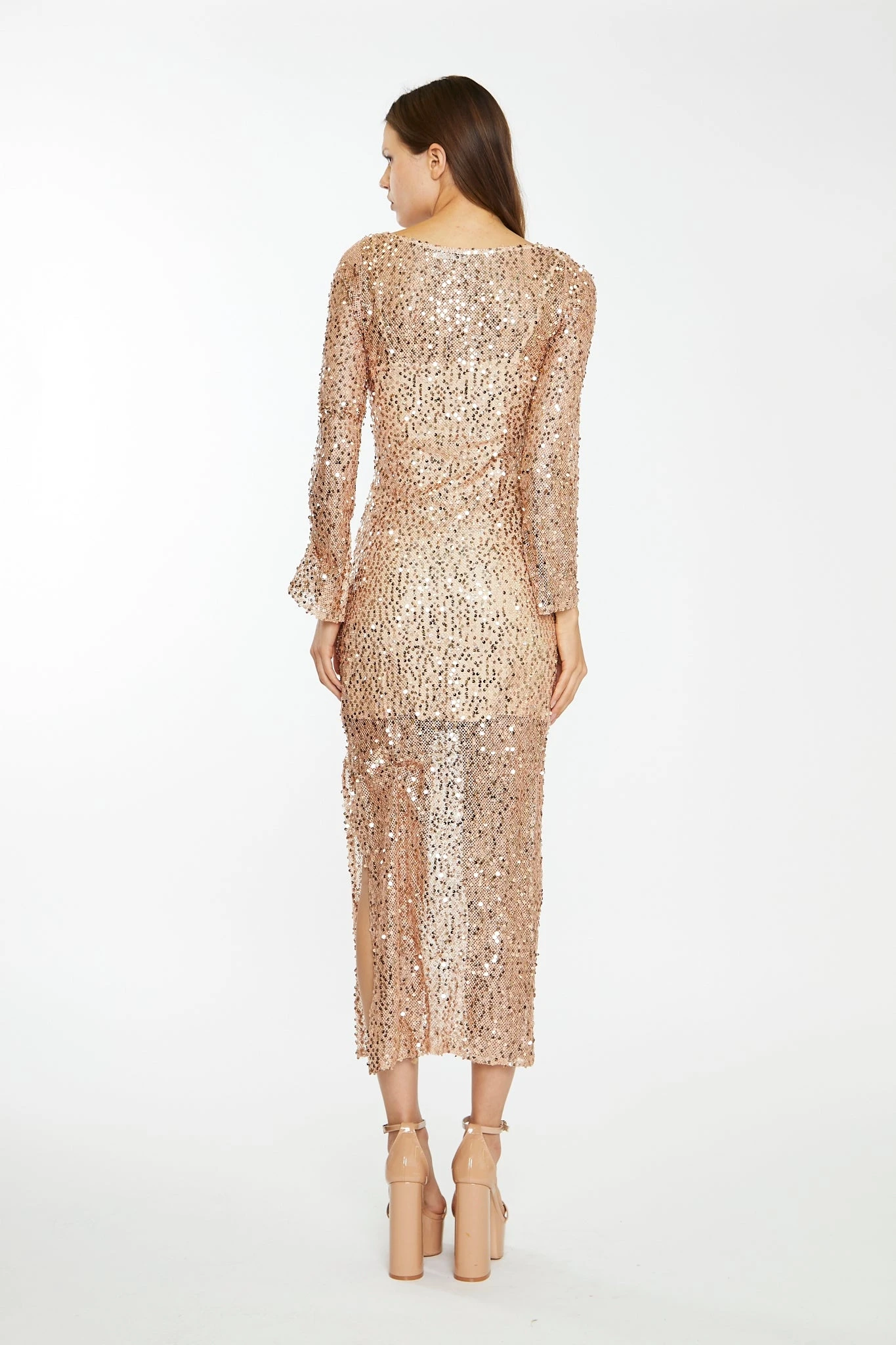 Glamorous Rose-Gold Sequin Mesh V-Neck Maxi-Dress 4 Glamorous Rose-Gold Sequin Mesh V-Neck Maxi-Dress - Image 2