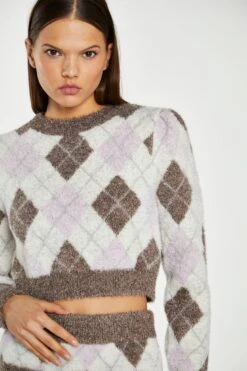 Glamorous Brown Multi-Argyle Glitter Knit Crop-Jumper