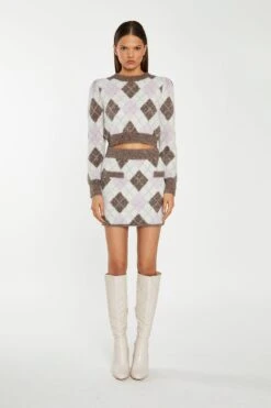 Glamorous Brown Multi-Argyle Glitter Knit Mini-Skirt