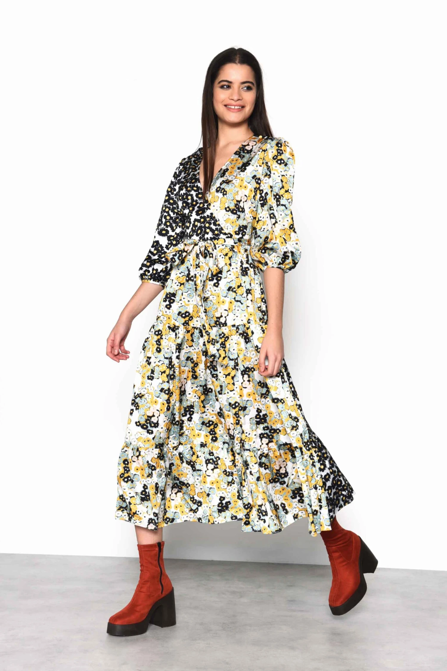 Glamorous Mono Mustard Floral Wrap Front Tiered Midaxi Dress 3 Glamorous Mono Mustard Floral Wrap Front Tiered Midaxi Dress