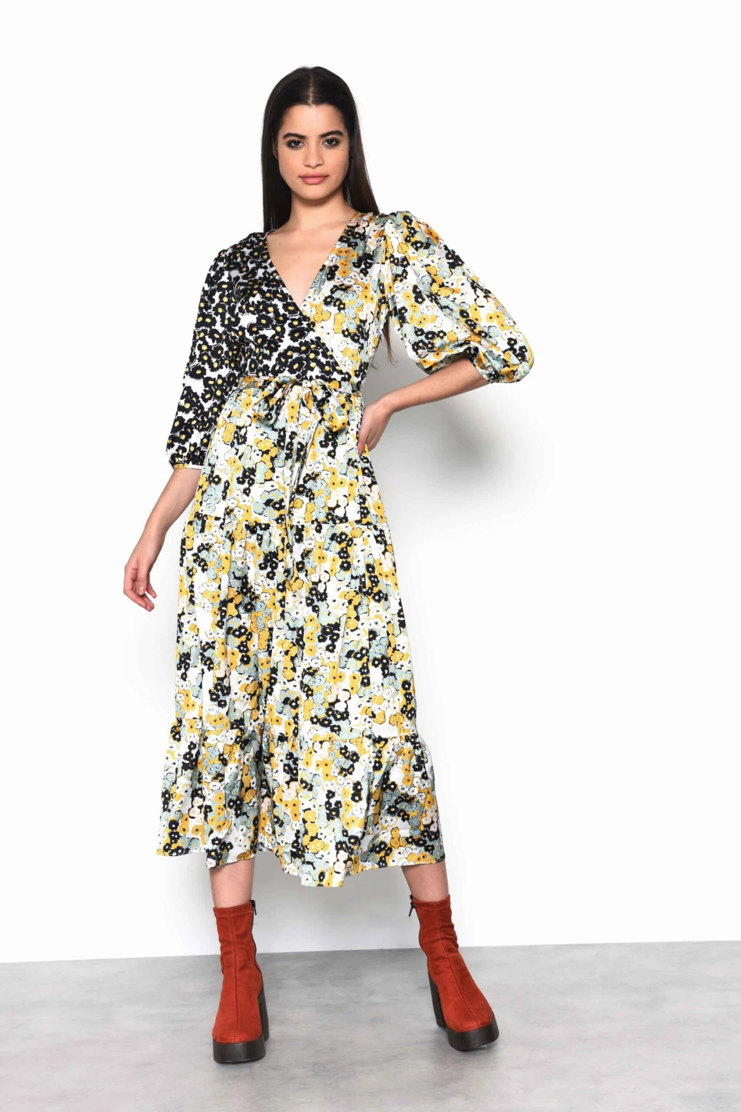 Glamorous Mono Mustard Floral Wrap Front Tiered Midaxi Dress 5 Glamorous Mono Mustard Floral Wrap Front Tiered Midaxi Dress - Image 3