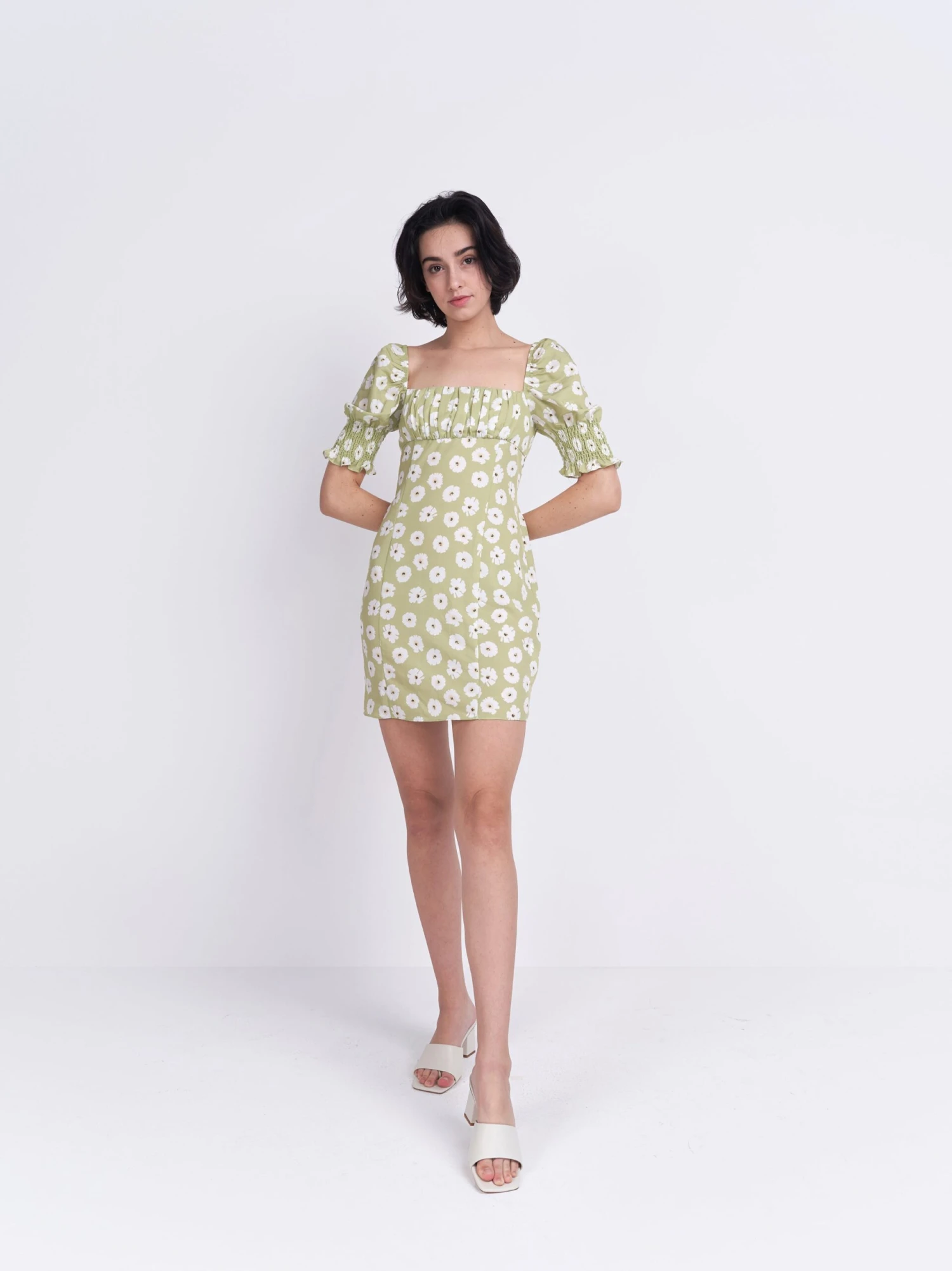 Glamorous Care Olive Green Flower Puff Sleeve Mini Dress 5 Glamorous Care Olive Green Flower Puff Sleeve Mini Dress - Image 3