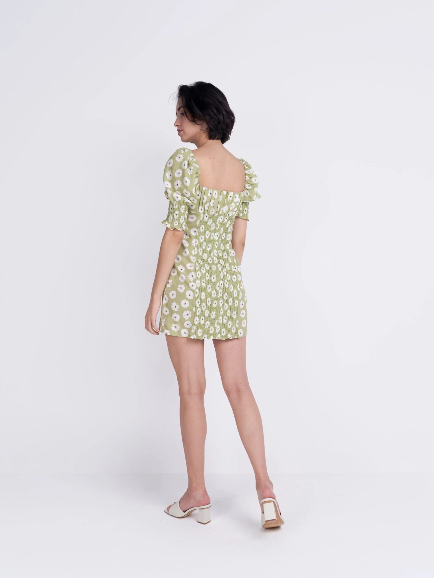 Glamorous Care Olive Green Flower Puff Sleeve Mini Dress 4 Glamorous Care Olive Green Flower Puff Sleeve Mini Dress - Image 2