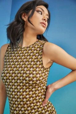 Glamorous Care Khaki Hounds Tooth High Neck Midi Dress -Glamorous Shop CA0231 CV77 01