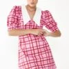 Glamorous Short Puff Sleeve Pink Red Grid Check Mini Dress With Collar Detail