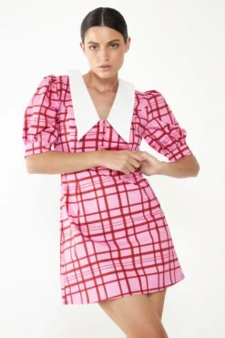 Glamorous Short Puff Sleeve Pink Red Grid Check Mini Dress With Collar Detail