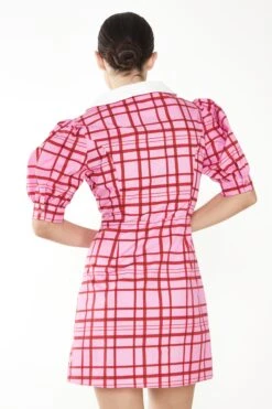 Glamorous Short Puff Sleeve Pink Red Grid Check Mini Dress With Collar Detail -Glamorous Shop CA0309 CY53 02