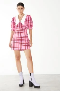 Glamorous Short Puff Sleeve Pink Red Grid Check Mini Dress With Collar Detail -Glamorous Shop CA0309 CY53 03