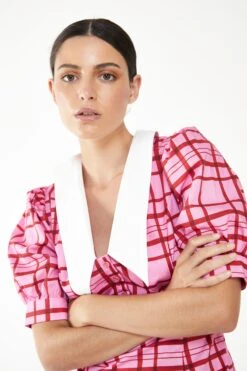 Glamorous Short Puff Sleeve Pink Red Grid Check Mini Dress With Collar Detail -Glamorous Shop CA0309 CY53 04