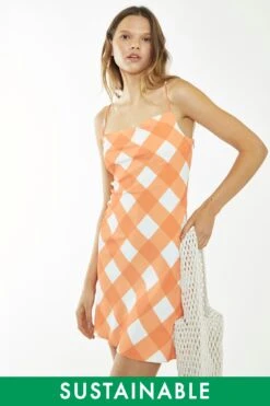 Glamorous Orange-White Gingham Bias Cut Mini-Dress