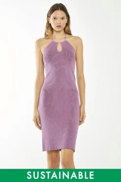 Glamorous Lilac-Brown Rib Knit Halterneck Mini-Dress
