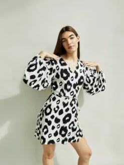 Glamorous Black White Leopard Long Sleeve V- Neck Wrap Mini Dress -Glamorous Shop CK5508 CX63 1