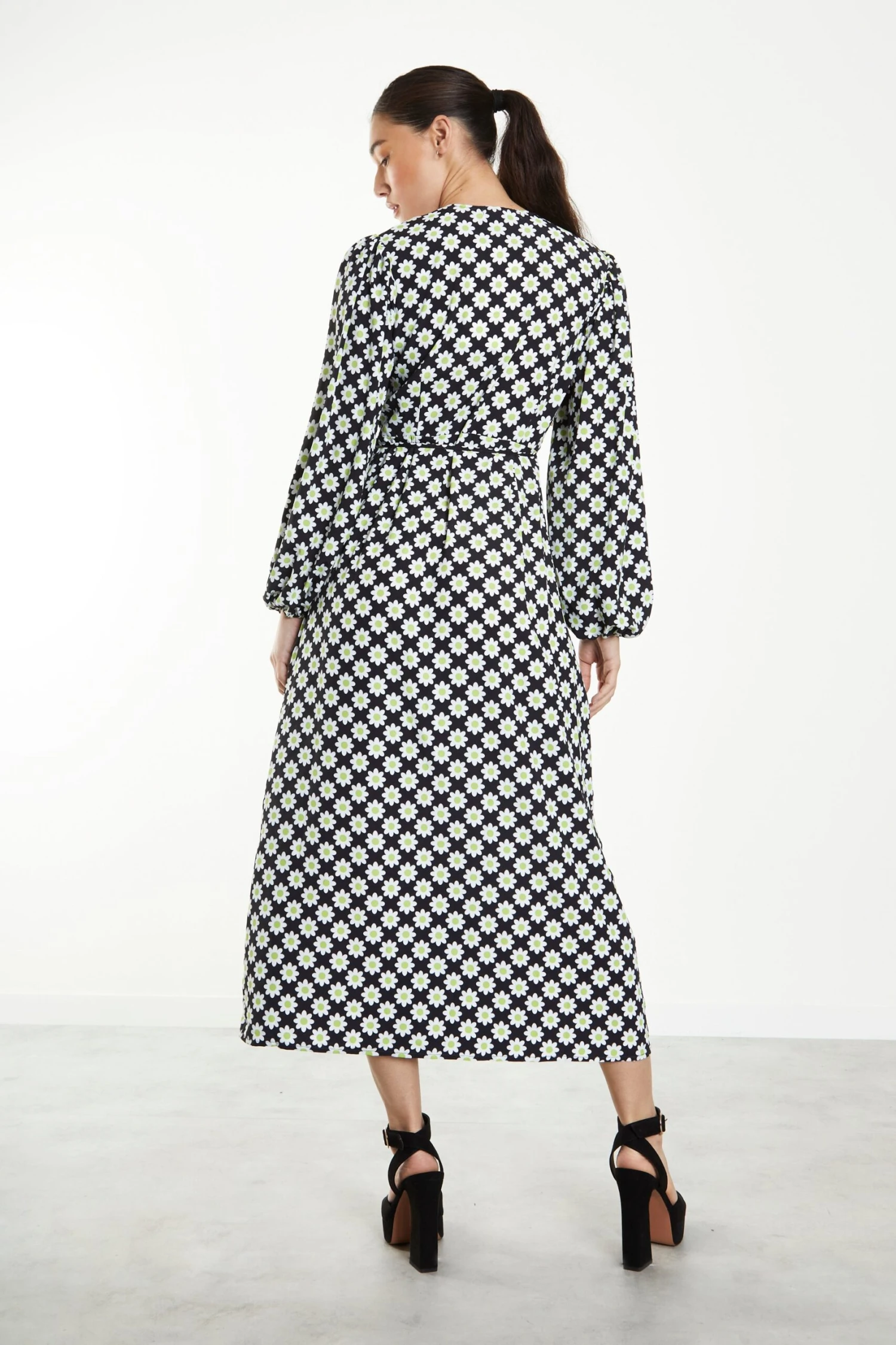 Glamorous Sixties Flower Long Sleeve Wrap Midi Dress 4 Glamorous Sixties Flower Long Sleeve Wrap Midi Dress - Image 2