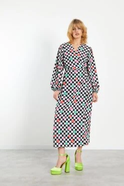 Glamorous Checkboard Flower Long Sleeve Wrap Midi Dress -Glamorous Shop CK5516 CZ55 03