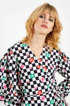 Glamorous Checkboard Flower Long Sleeve Wrap Midi Dress -Glamorous Shop CK5516 CZ55 04