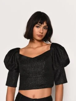 Glamorous Black Metallic Brocade Puff Sleeve Top