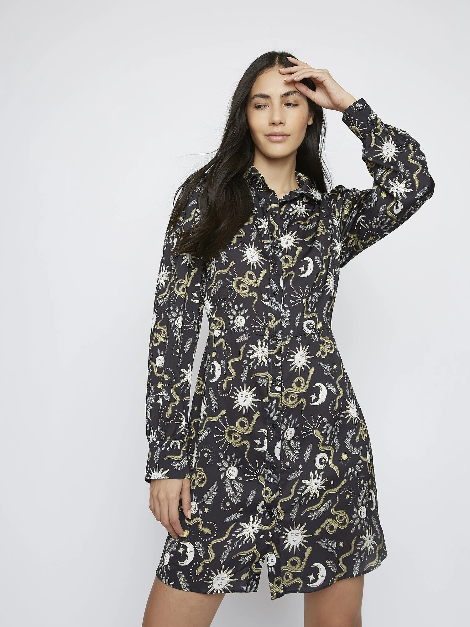 Glamorous Black Sun And Moon Print Long Sleeve Shirt Dress 3 Glamorous Black Sun And Moon Print Long Sleeve Shirt Dress