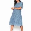 Glamorous Blue Multi Check Tiered Midi Dress With Puff Sleeves And Tie Back Detail -Glamorous Shop CK6006 CQ45 01
