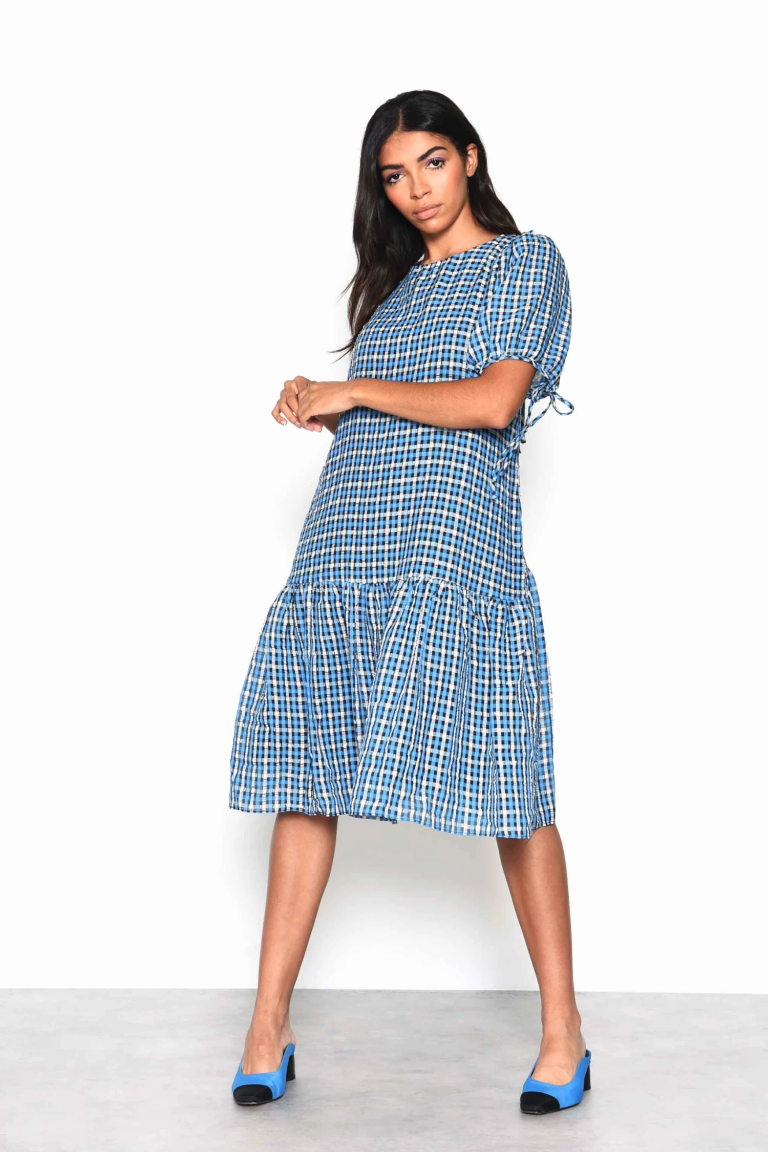 Glamorous Blue Multi Check Tiered Midi Dress With Puff Sleeves And Tie Back Detail 3 Glamorous Blue Multi Check Tiered Midi Dress With Puff Sleeves And Tie Back Detail