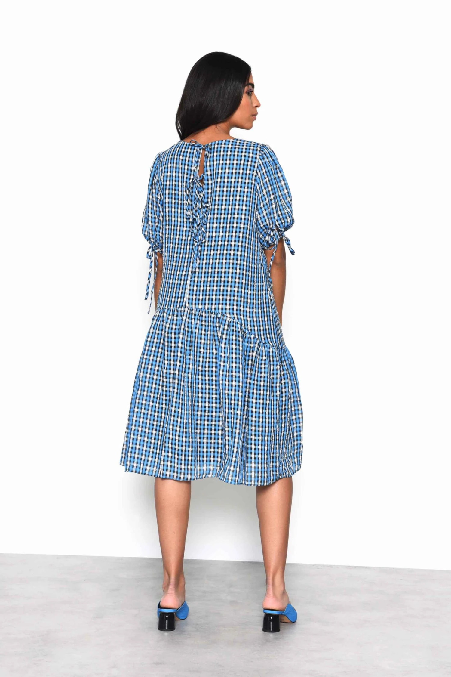 Glamorous Blue Multi Check Tiered Midi Dress With Puff Sleeves And Tie Back Detail 4 Glamorous Blue Multi Check Tiered Midi Dress With Puff Sleeves And Tie Back Detail - Image 2