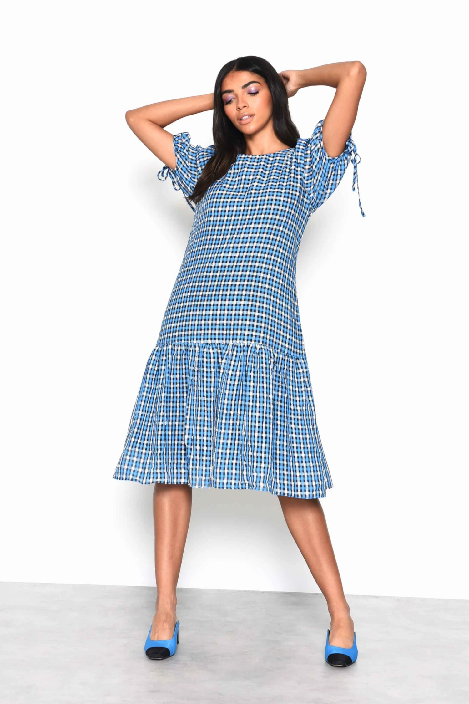 Glamorous Blue Multi Check Tiered Midi Dress With Puff Sleeves And Tie Back Detail 5 Glamorous Blue Multi Check Tiered Midi Dress With Puff Sleeves And Tie Back Detail - Image 3