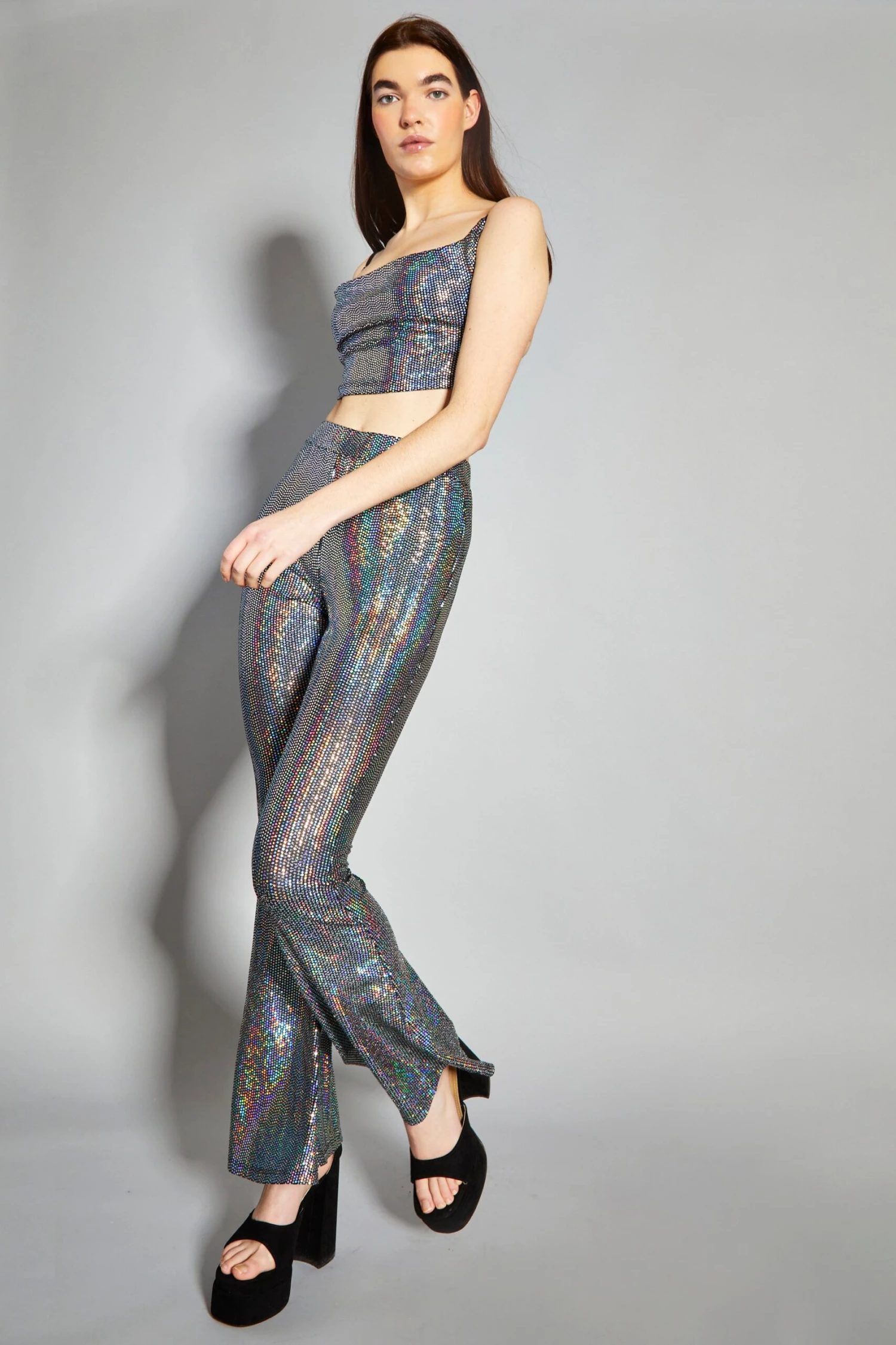 Glamorous Silver Holographic High Waisted Flared Trousers 3 Glamorous Silver Holographic High Waisted Flared Trousers