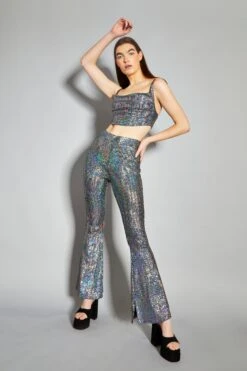 Glamorous Silver Holographic High Waisted Flared Trousers 8 Glamorous Silver Holographic High Waisted Flared Trousers -Glamorous Shop CK6105A DC73 03