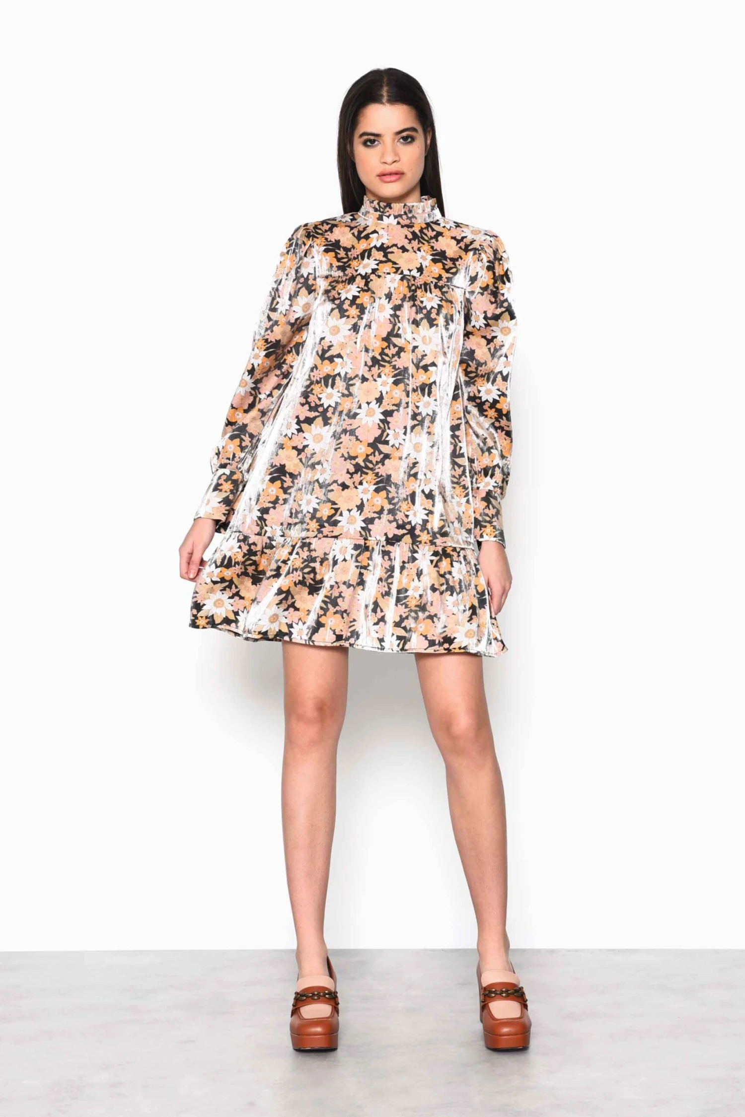Glamorous Black Gold Multi Floral High Neck Mini Dress With Gathered Tiers And Sleeves 3 Glamorous Black Gold Multi Floral High Neck Mini Dress With Gathered Tiers And Sleeves