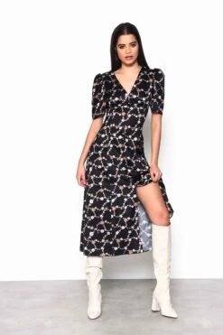 Glamorous Chain Floral Button Down Midi Dress With Plunging Neckline, Gathered Bust Detail And Puff Sleeves