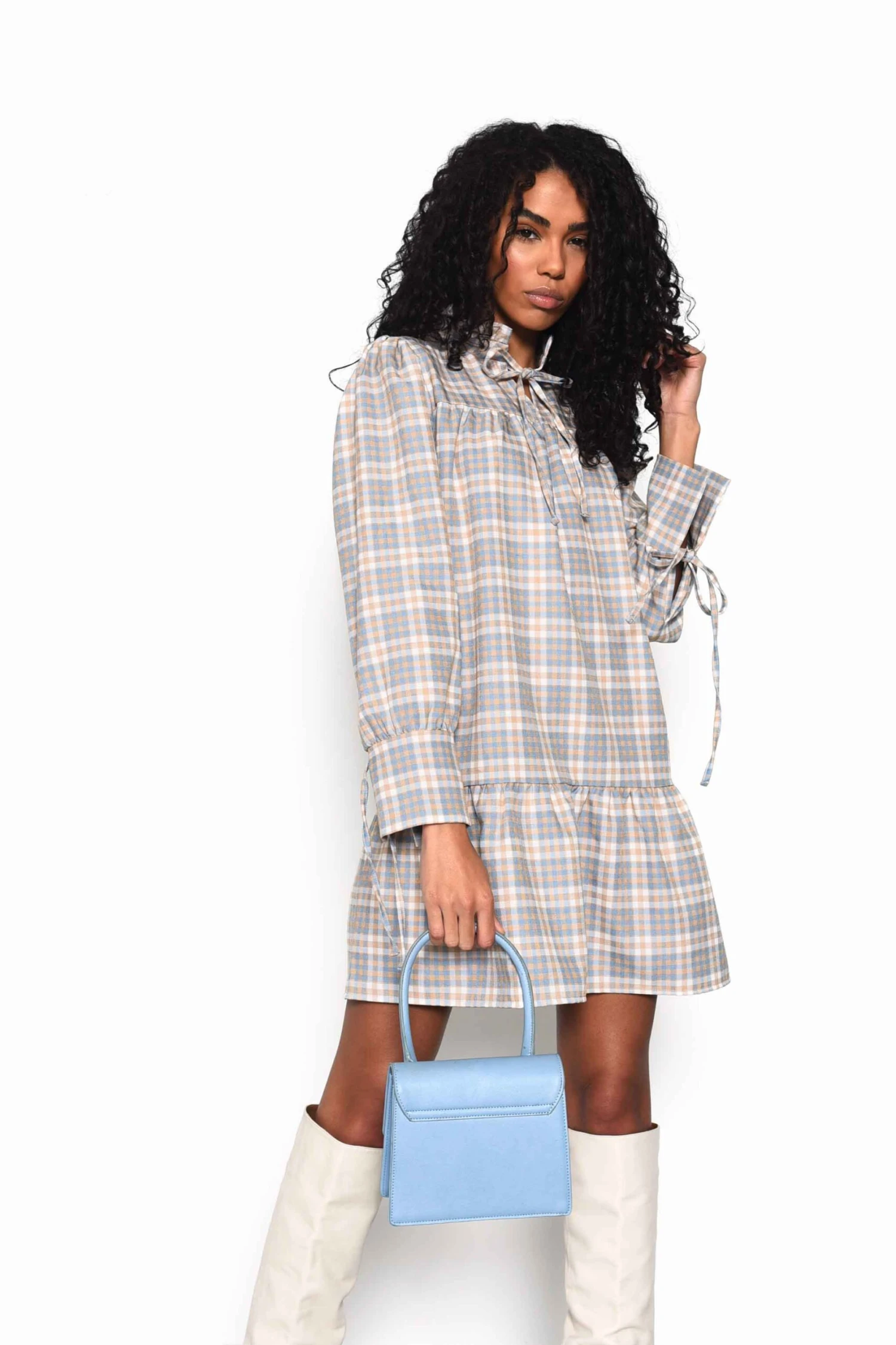 Glamorous Light Blue Multi Check Tiered Mini Dress With Neck Ruffle 3 Glamorous Light Blue Multi Check Tiered Mini Dress With Neck Ruffle