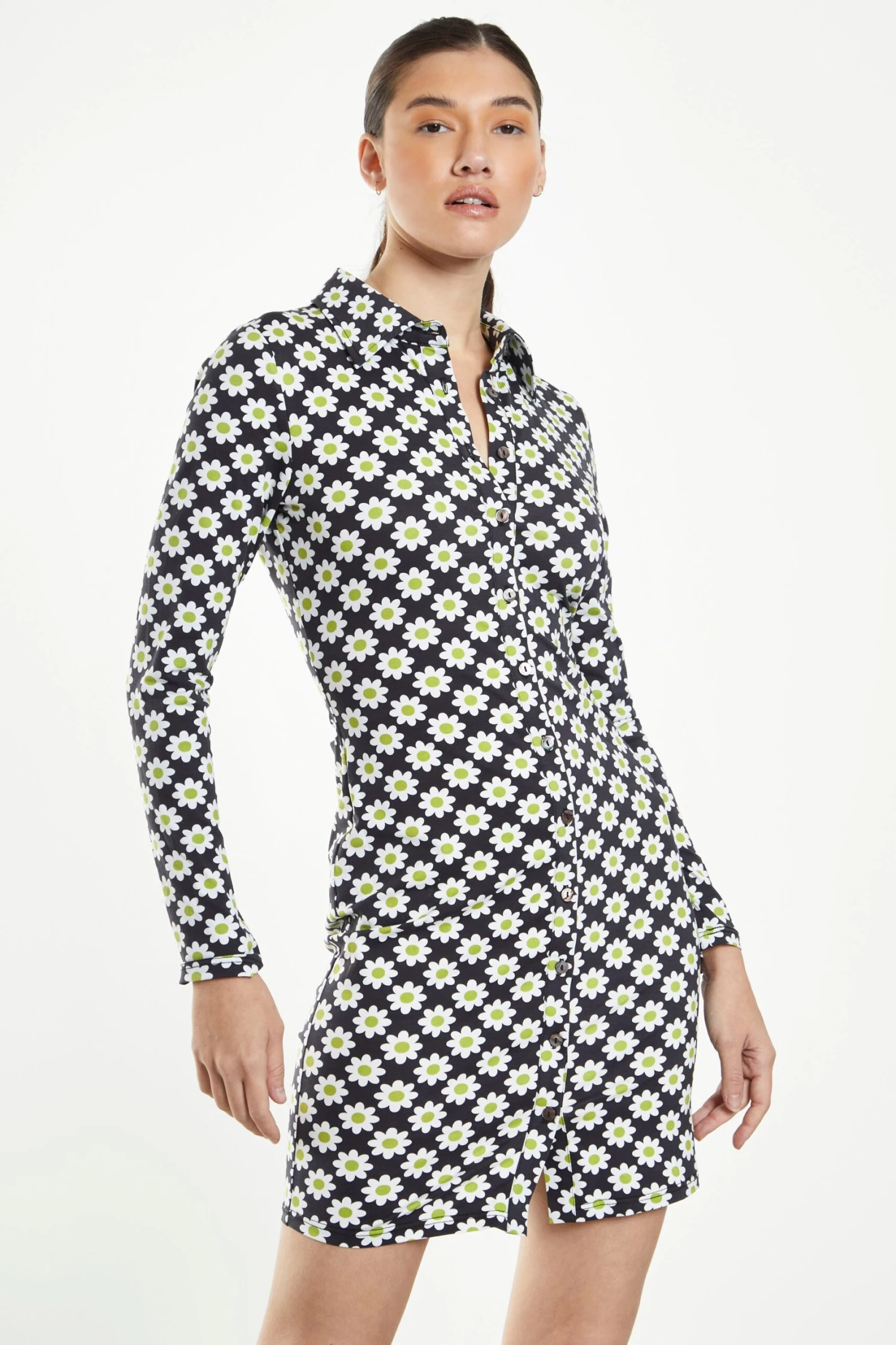 Glamorous Sixties Flower Jersey Long Sleeve Bodycon Dress With Collar 5 Glamorous Sixties Flower Jersey Long Sleeve Bodycon Dress With Collar - Image 3