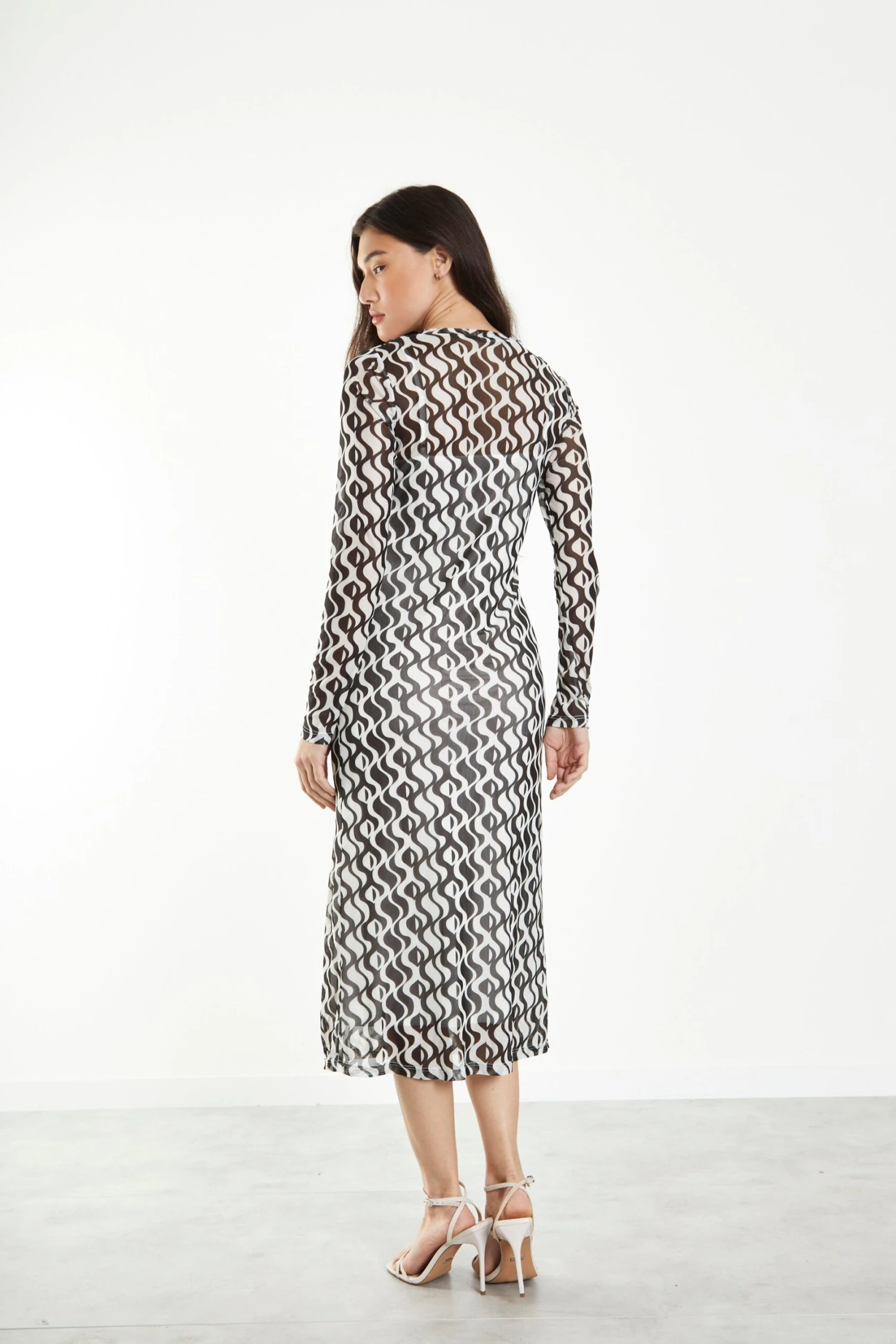 Glamorous Wavy Mono Mesh Midi Dress With Long Sleeves & Cami Slip 4 Glamorous Wavy Mono Mesh Midi Dress With Long Sleeves & Cami Slip - Image 2