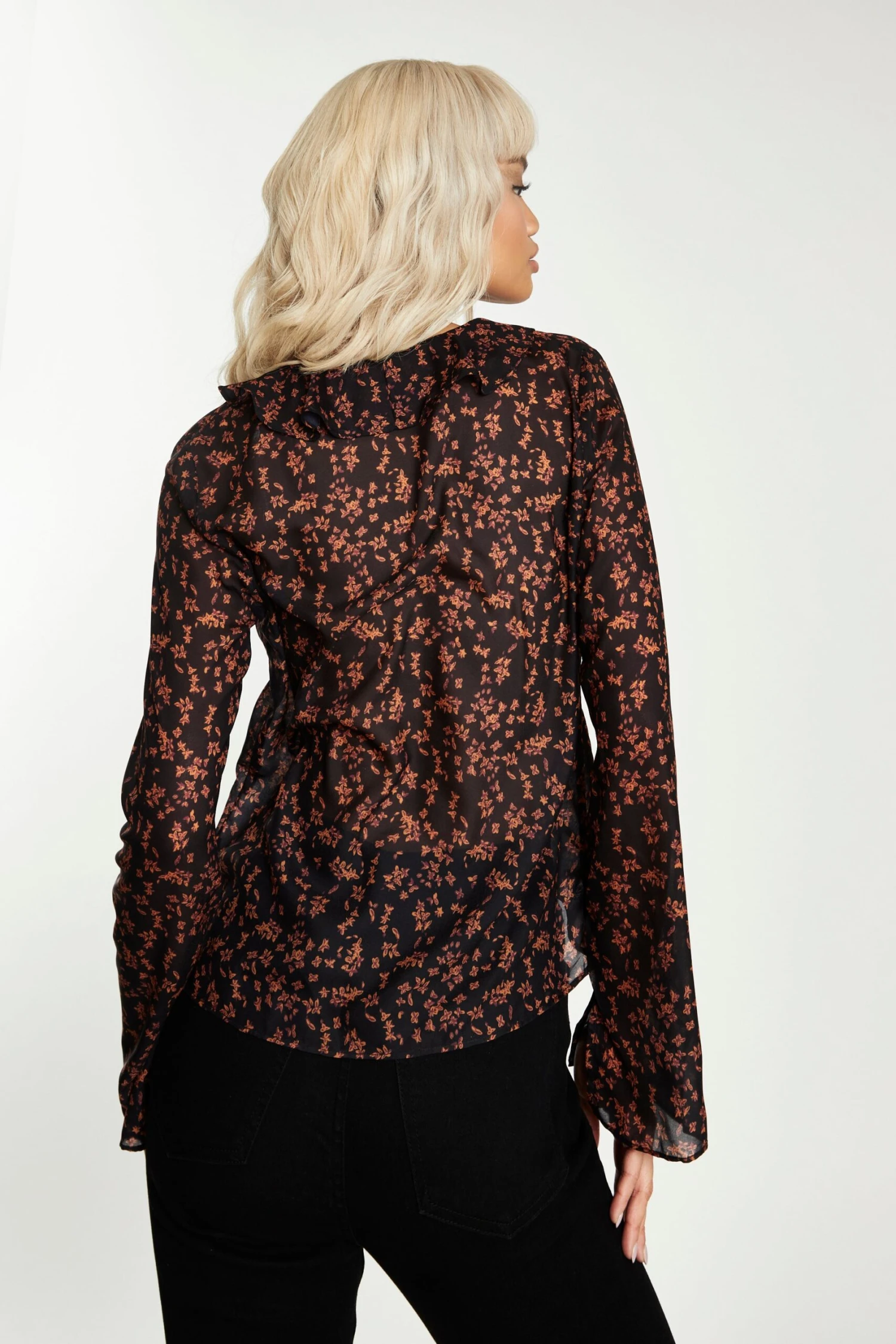 Glamorous Black Orange Floral Tie Front Blouse 4 Glamorous Black Orange Floral Tie Front Blouse - Image 2