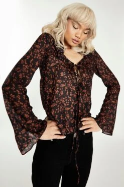 Glamorous Black Orange Floral Tie Front Blouse 8 Glamorous Black Orange Floral Tie Front Blouse -Glamorous Shop CK6870 BI07 04